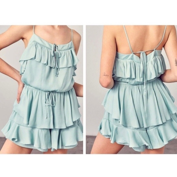 Mustard Seed Pants - Mustard Seed Mint Green Seafoam Ruffled Romper Summer Open Back Sexy Sleeveless